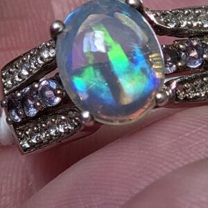 Africa Genuine Opal, 9 GenuineTanzanite, Moissanites In A Ring